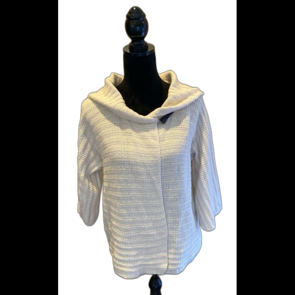 Cowl Neck Sweater Jacket Beige Cream Size ? Small 45% Cotton 20% Wool 3/4 Sleeve
